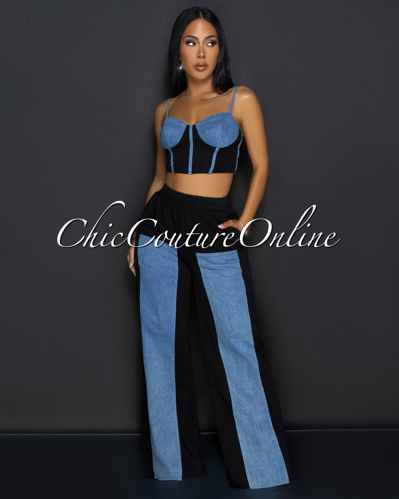 Asher Black Denim Bustier & Wide Legs Pants Set