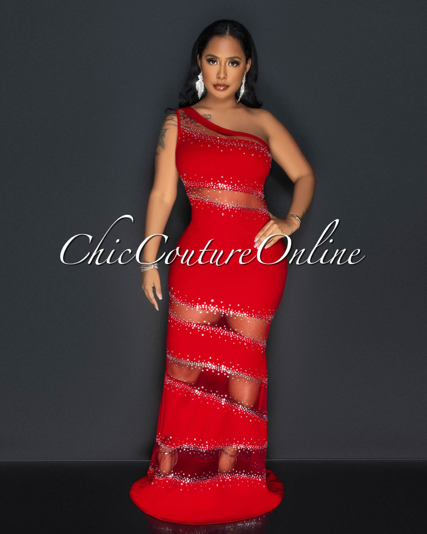 Corine Red Mesh Rhinestones Maxi Dress