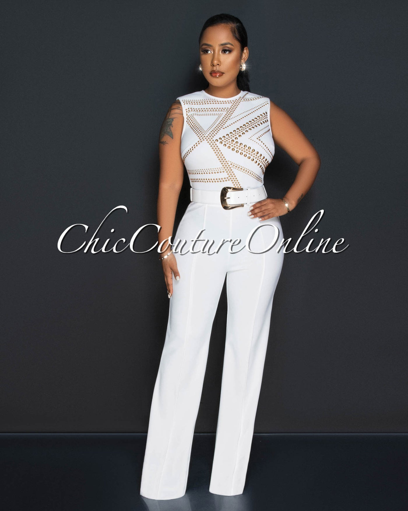 Marlisa Off-White Gold Studs Gold Buckle Belt Jumpsuit