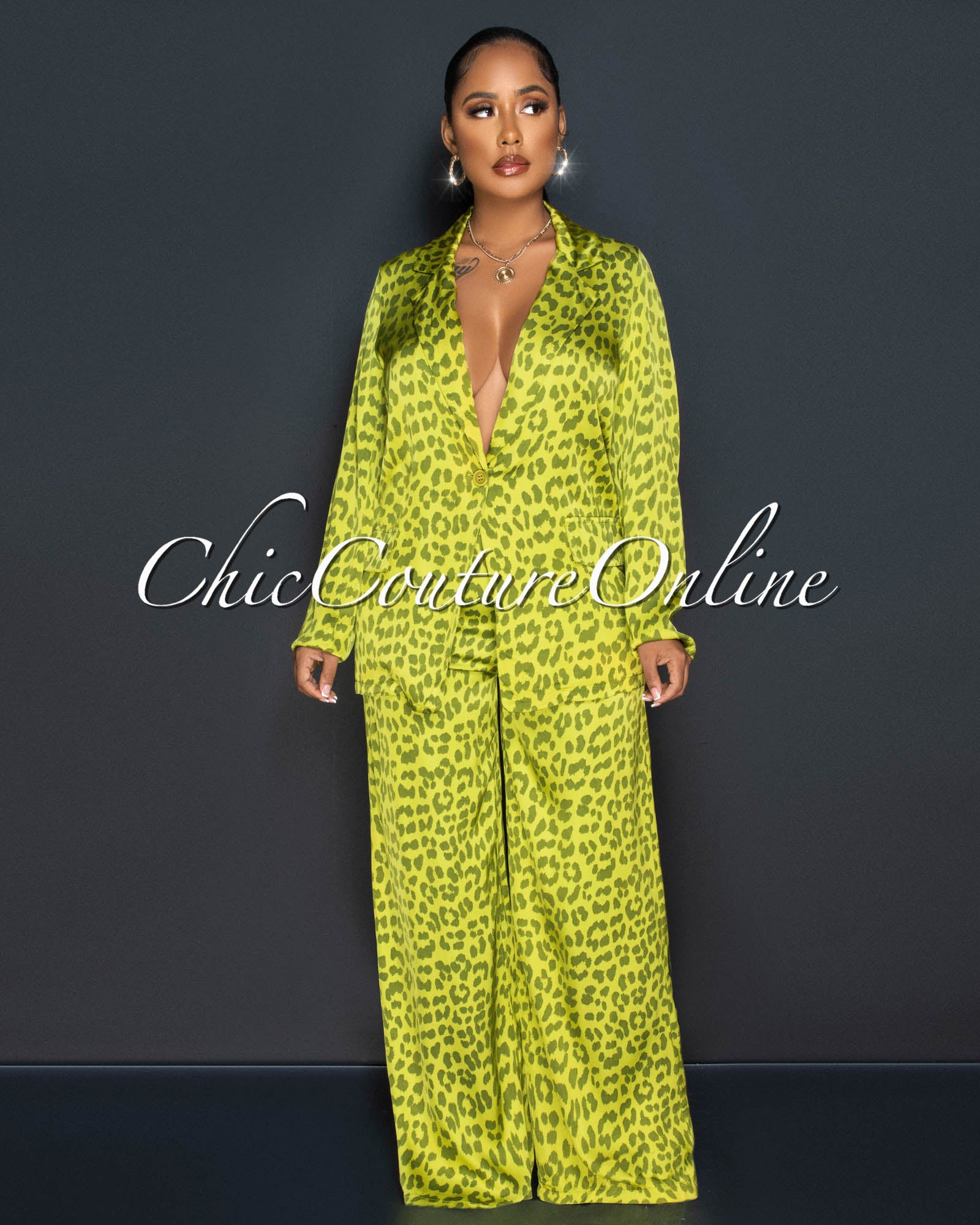 *Samone Green Leopard Print Blazer & Wide Pants Silky Set
