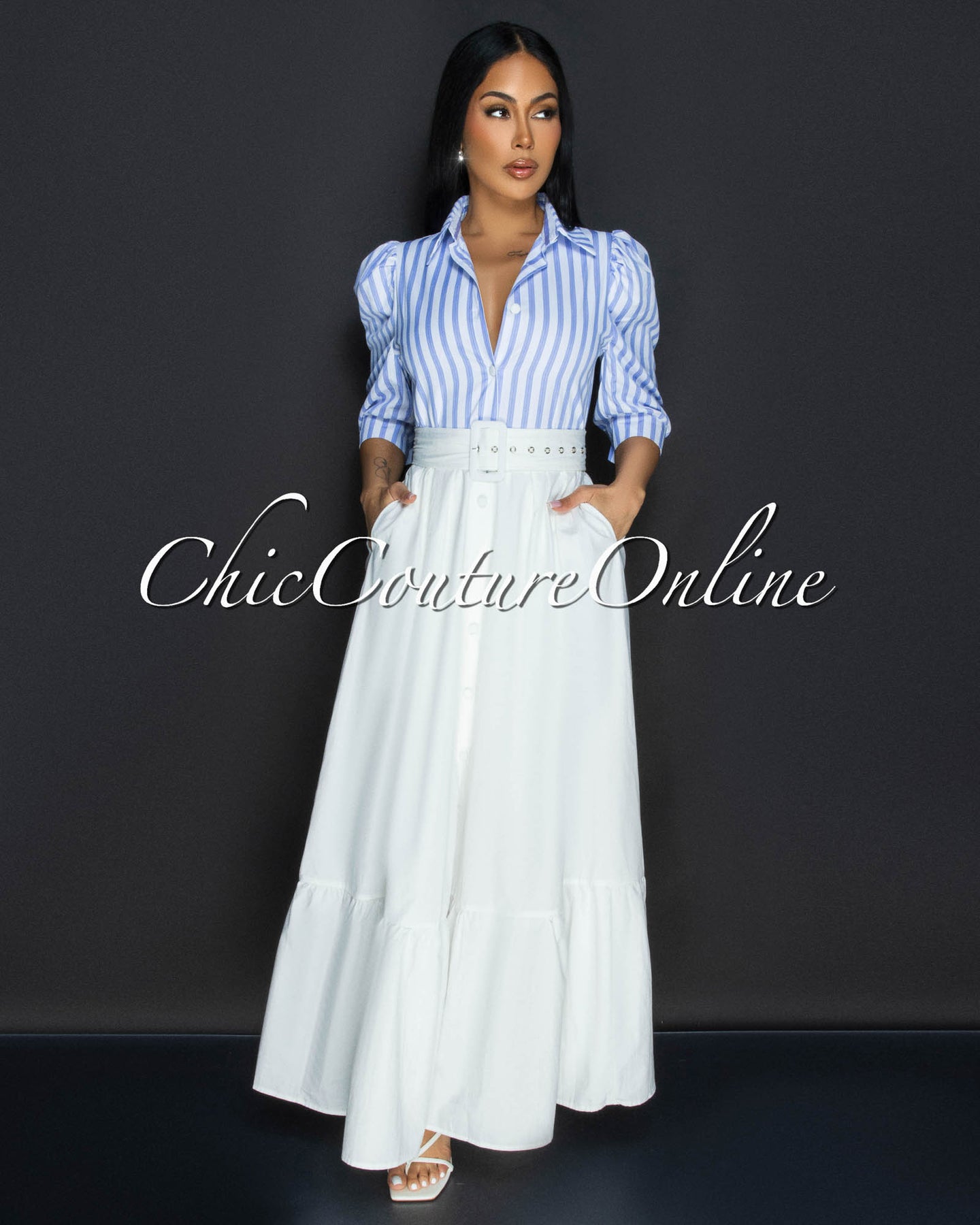 Liza Blue Stripes White Belted Ruffle Maxi Dress
