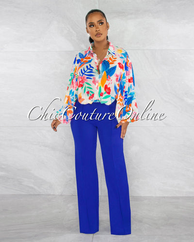 *Mollie White Multi-Color Floral Print Buttoned Blouse