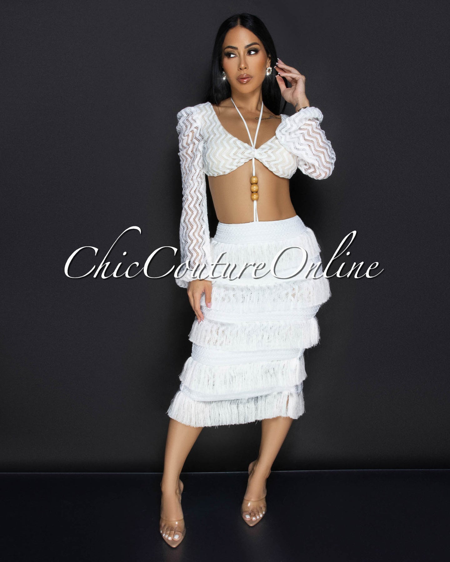 Sonnet White Lace Crop Top & Fringe Skirt Set
