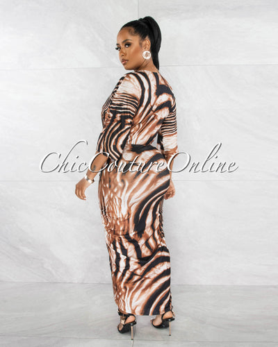 Menora Brown Tiger Print Front Drape Midi Dress