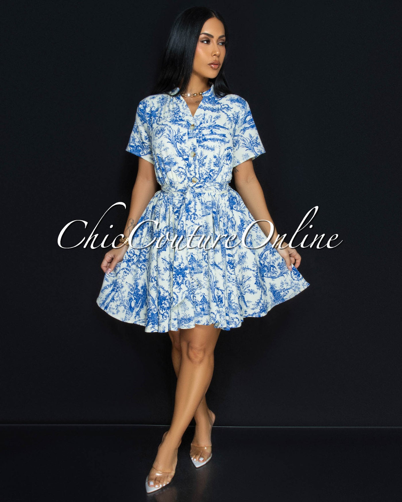 Forre Blue Off-White Print Skater Dress