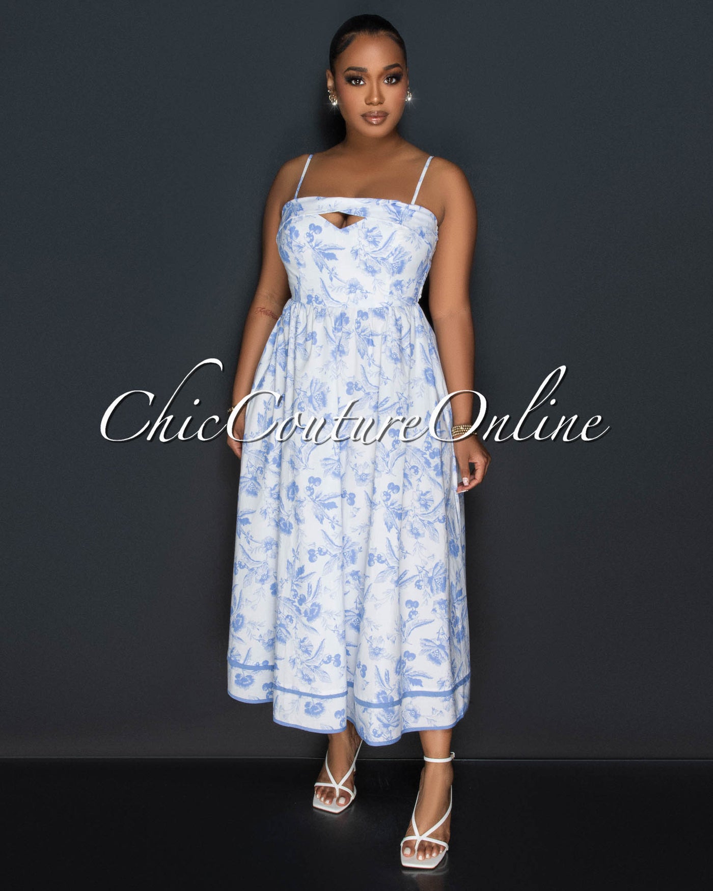Lorena White Blue Print Smocked Back Maxi Dress