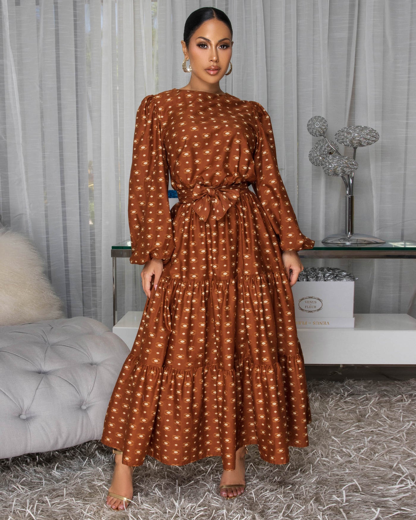 Primose Mocha Beige Print Midi Dress