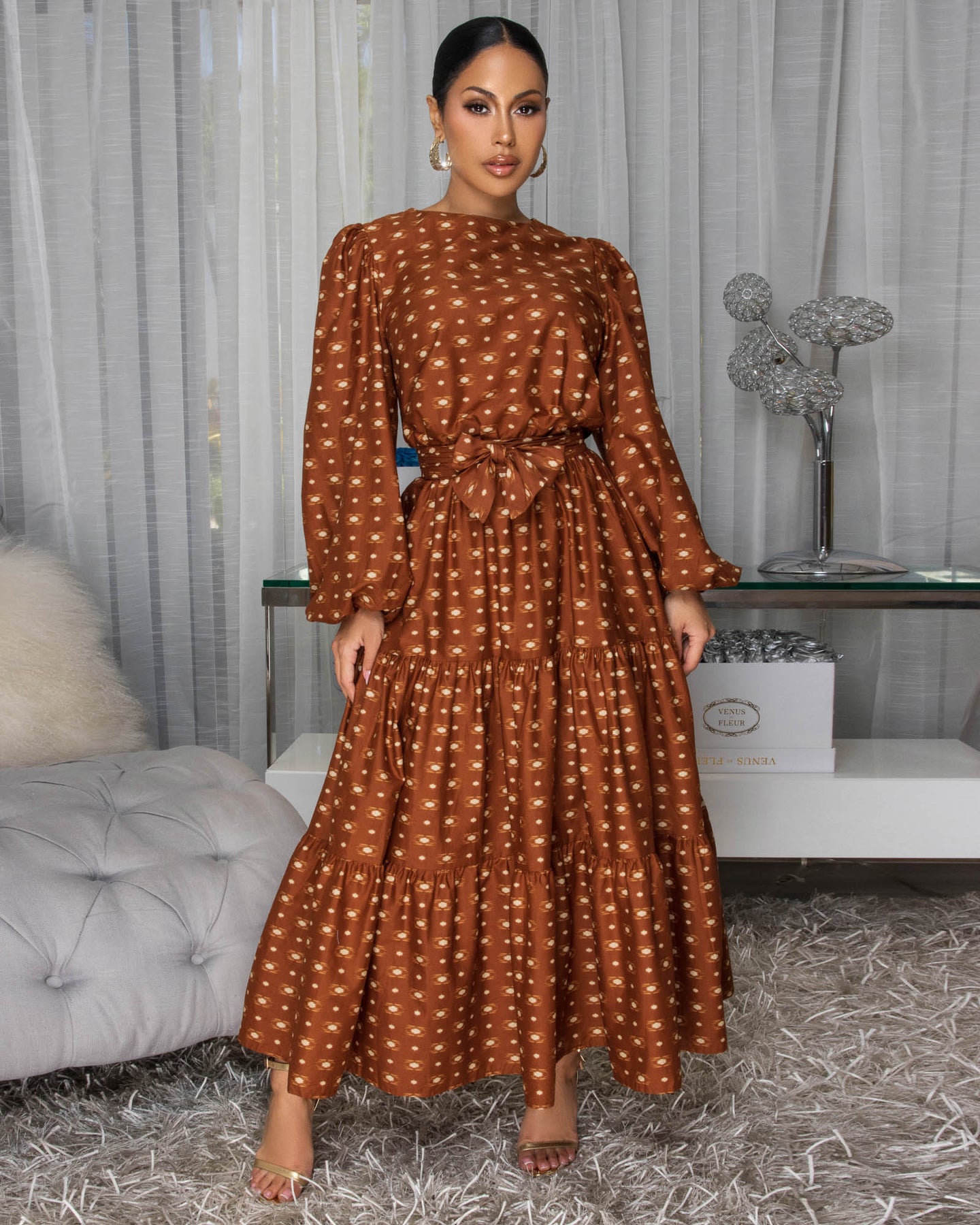 Primose Mocha Beige Print Midi Dress