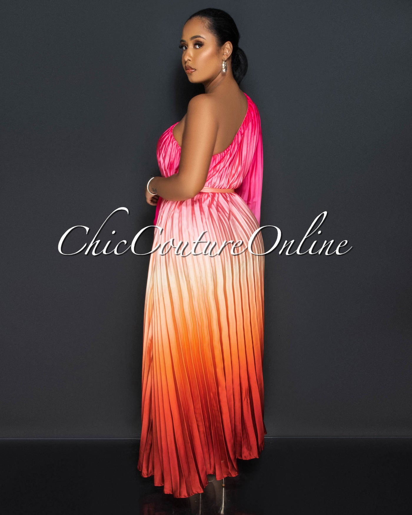 *Tonia Pink Rust Ombre Pleated Single Shoulder Maxi Dress