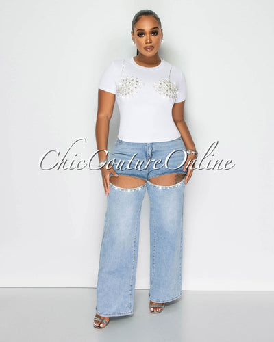 Marly Light Denim Rhinestones Cut-Out Jeans