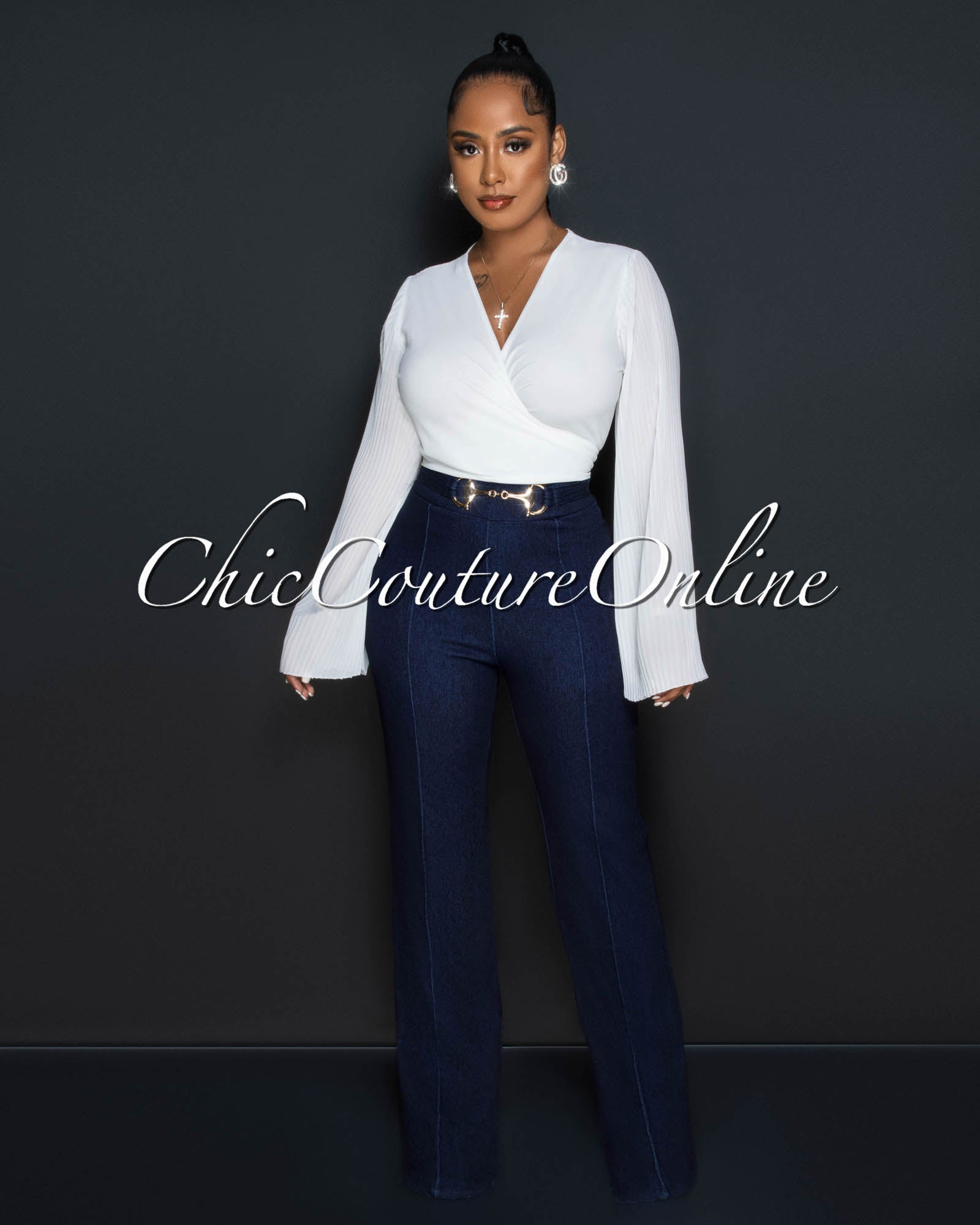 Hallie Dark Denim Gold Buckle Accent Jeans