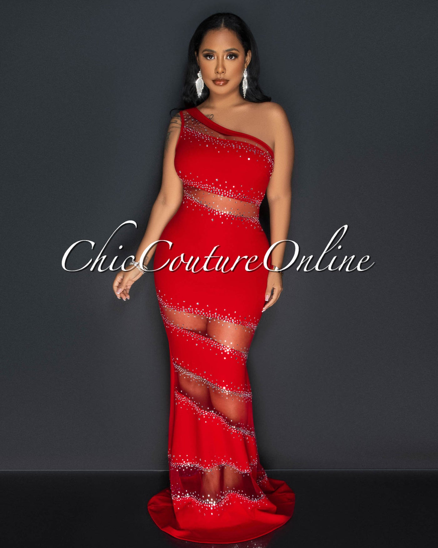 Corine Red Mesh Rhinestones Maxi Dress