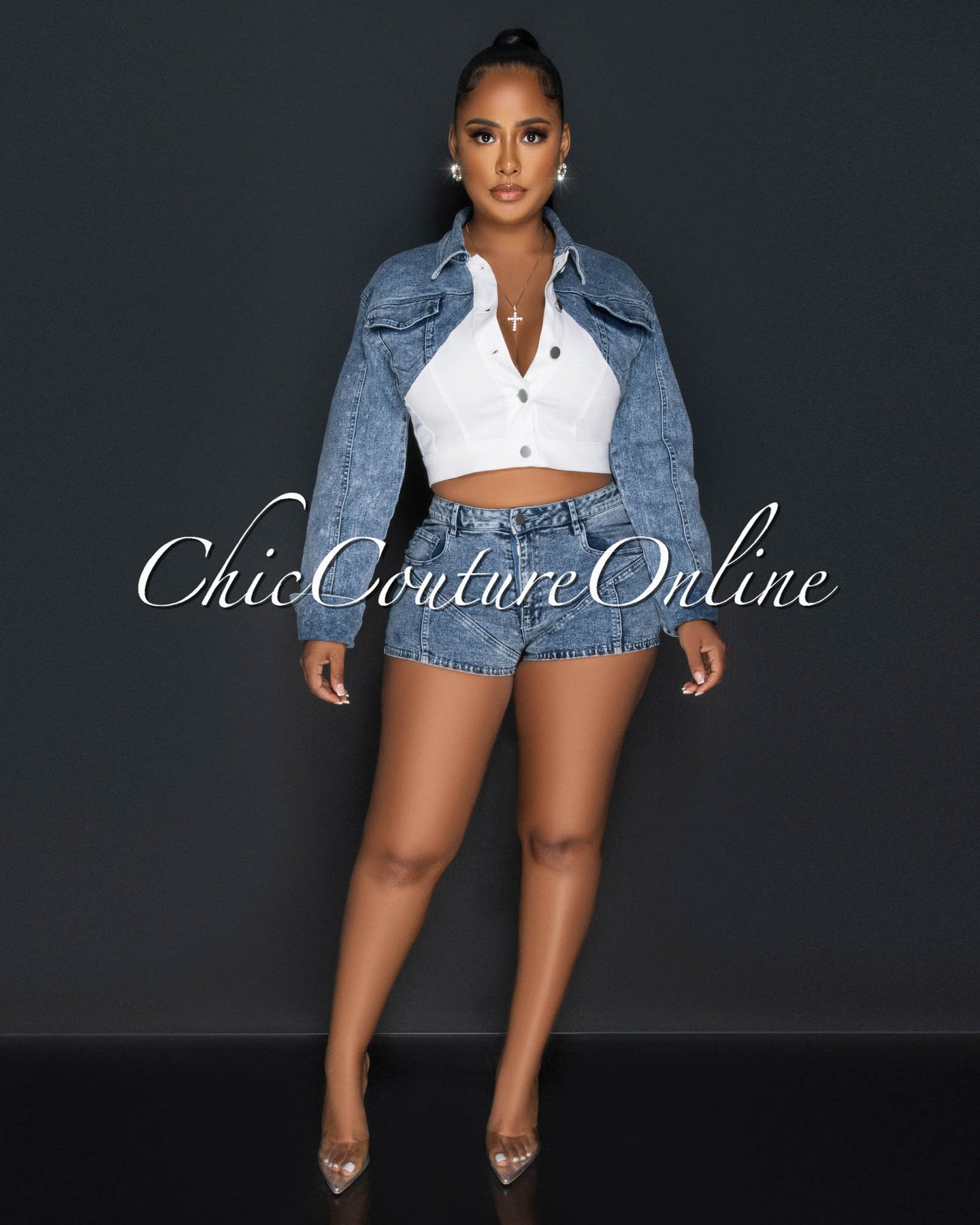 *Sena Off-White Blue Denim Ultra-Mini Short Set