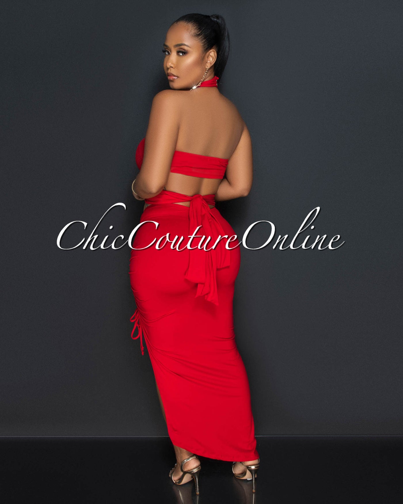 Reeda Red Crop Top & Ruched Slit Skirt Set