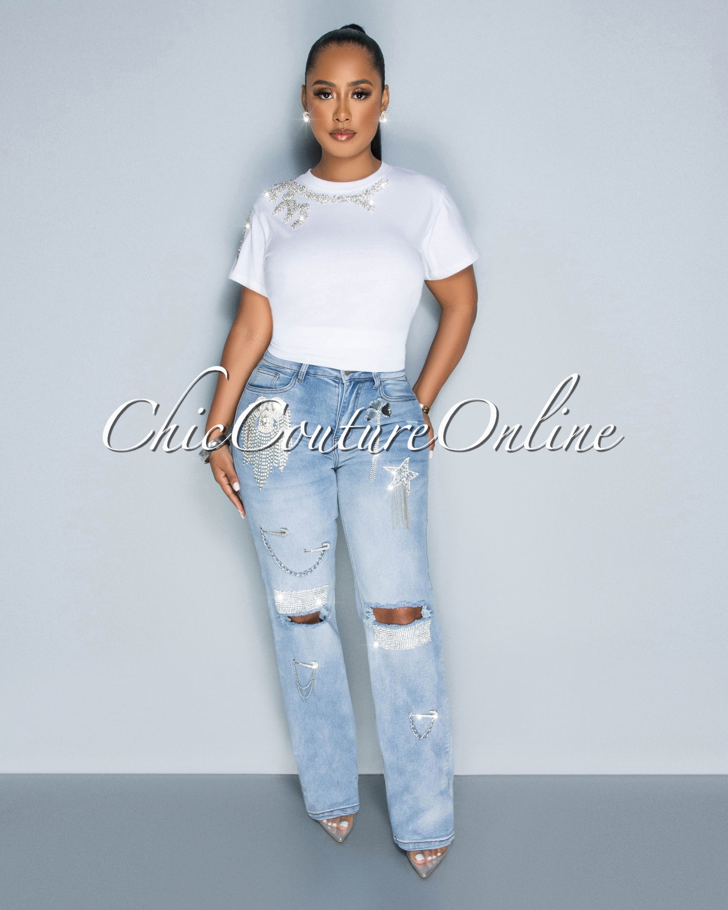 *Nadine Light Denim Rhinestones Fringe Accent Jeans