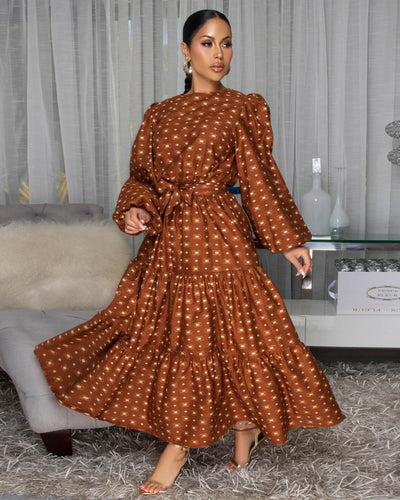 Primose Mocha Beige Print Midi Dress