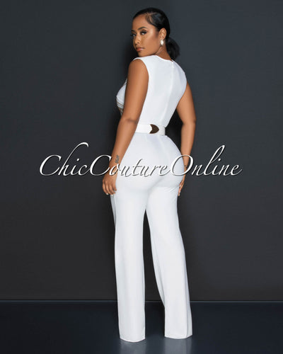 Marlisa Off-White Gold Studs Gold Buckle Belt Jumpsuit