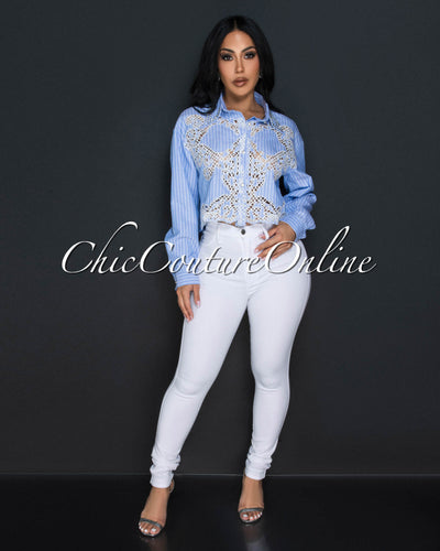 Myra Blue White Rhinestones Lace Shirt