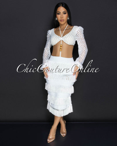 Sonnet White Lace Crop Top & Fringe Skirt Set