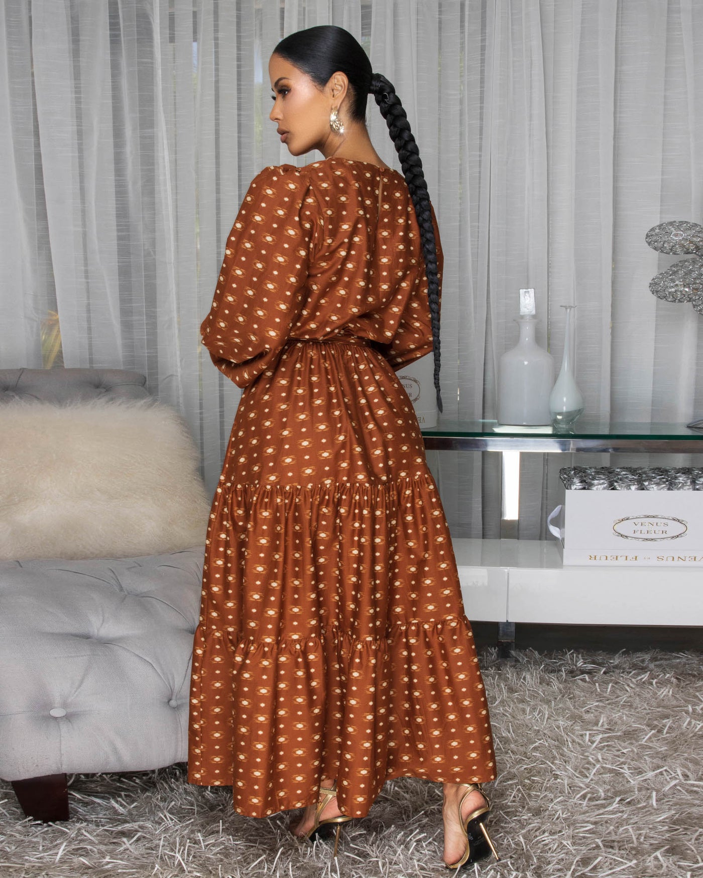 Primose Mocha Beige Print Midi Dress