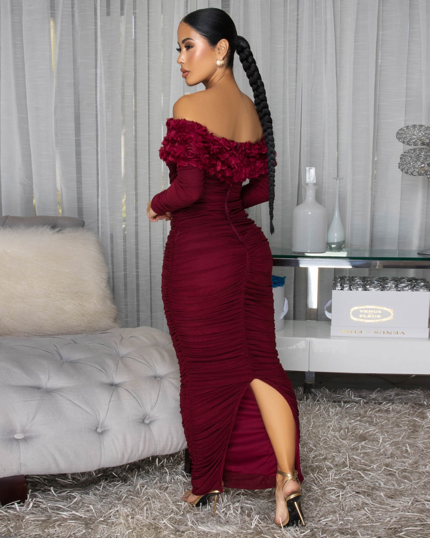 Kace Burgundy Ruched Off-The-Shoulder Maxi Dress