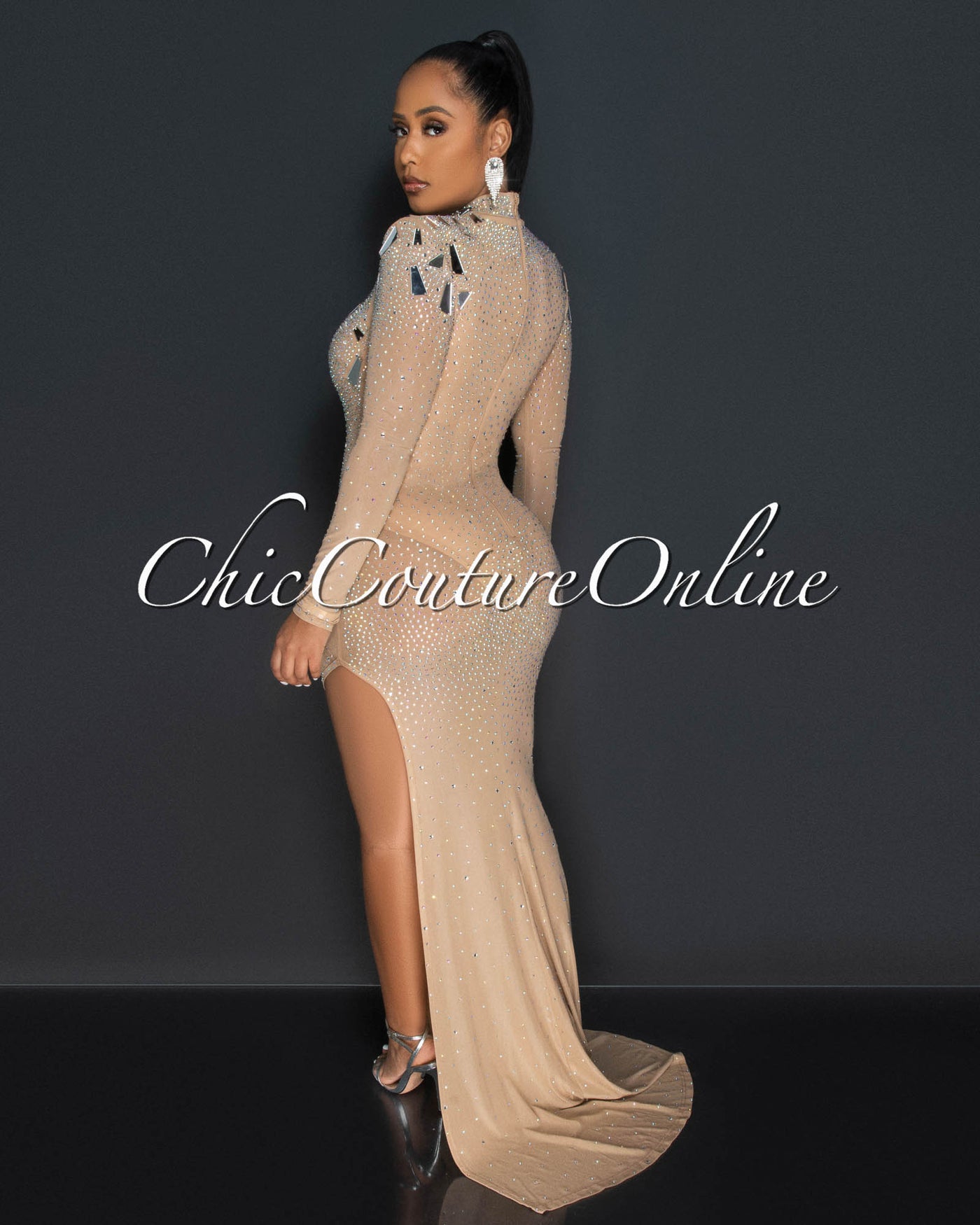 *Dabney Nude Mirrors & Rhinestones Leg Slit Bodysuit Maxi Dress