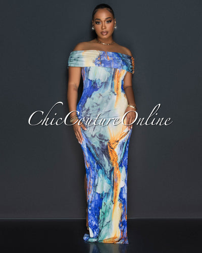 Morella Blue Multi-Color Print Off-The-Shoulder Maxi Dress