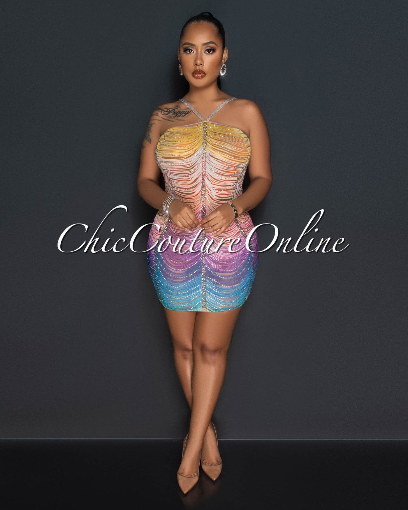 Barin Multi-Color Mesh Sheer Rhinestones Mini Dress