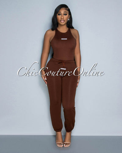 Maely Brown Ribbed Bodysuit & Sweatpants Set