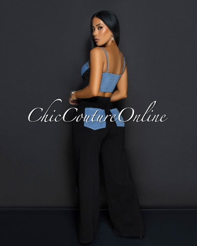 Asher Black Denim Bustier & Wide Legs Pants Set