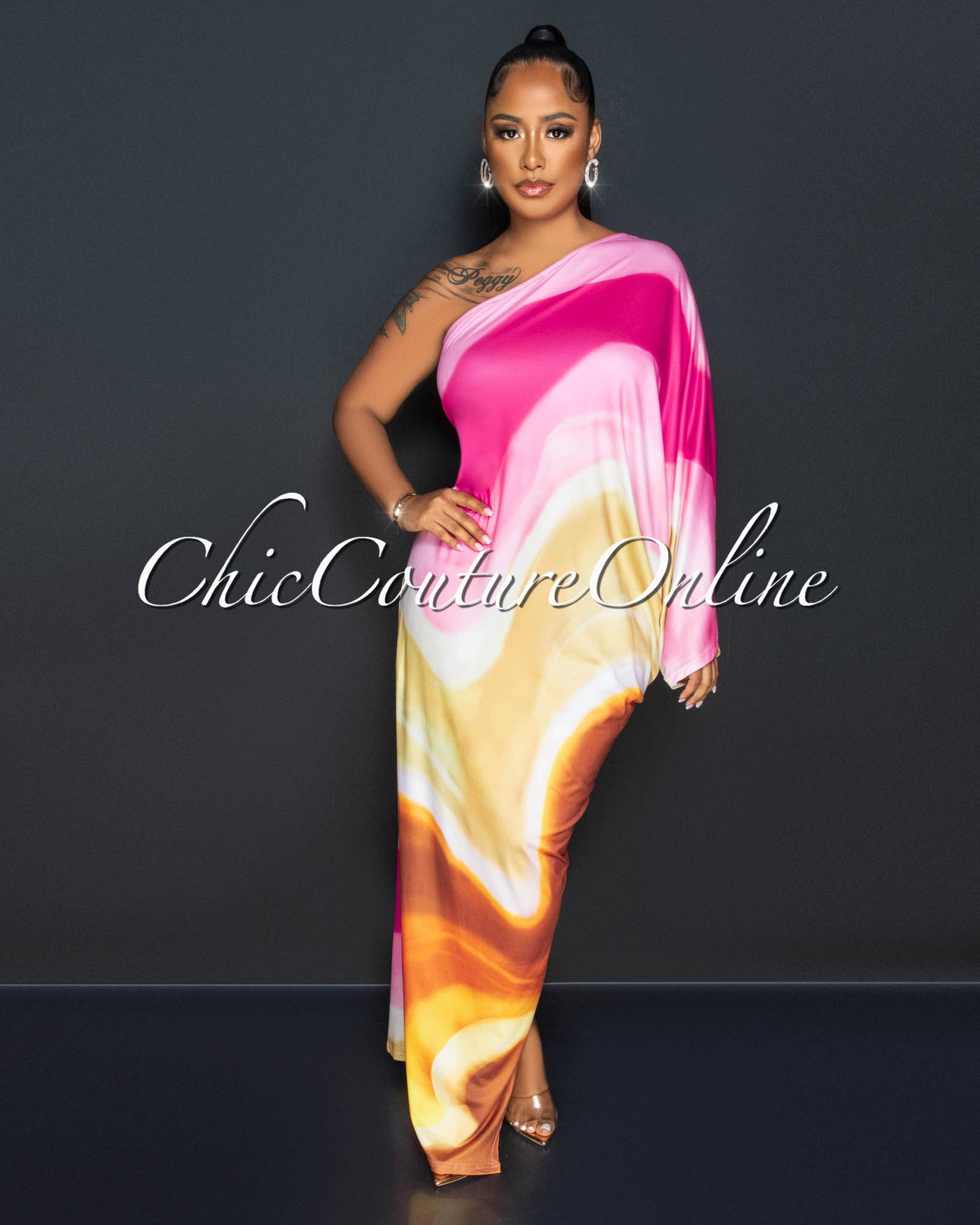 Zira Pink Multi-Color Print Single Shoulder Maxi Dress
