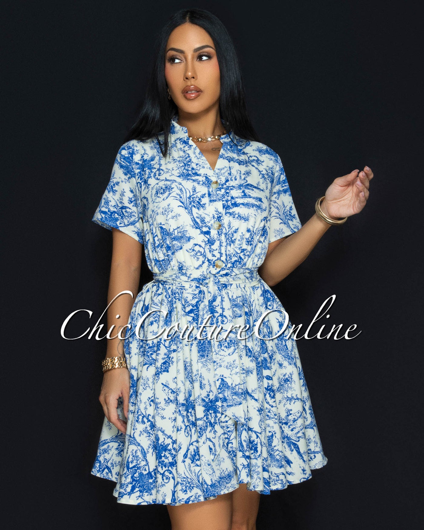 Forre Blue Off-White Print Skater Dress