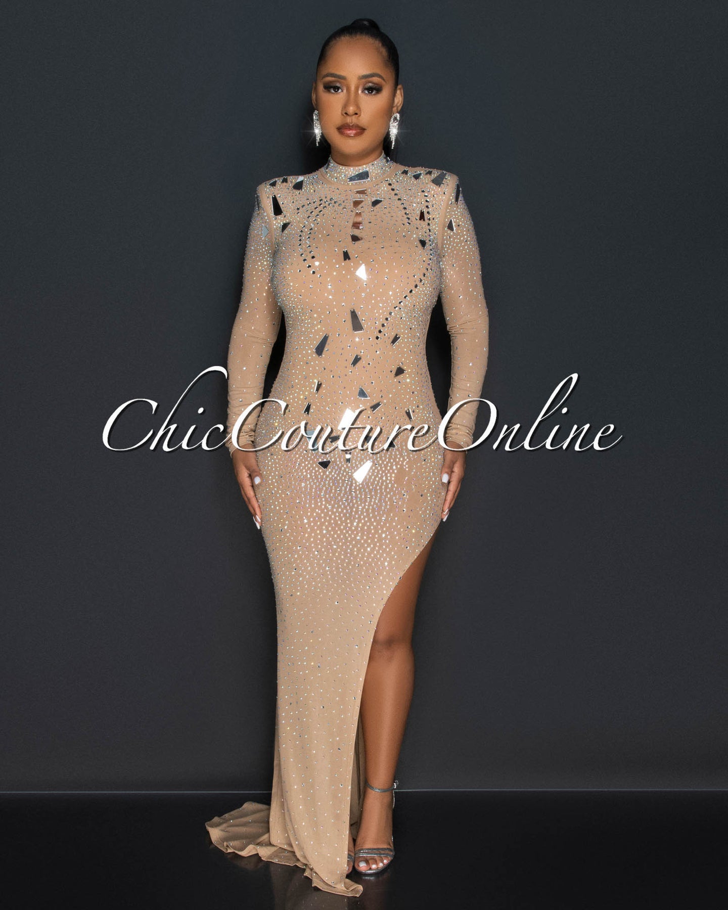 *Dabney Nude Mirrors & Rhinestones Leg Slit Bodysuit Maxi Dress