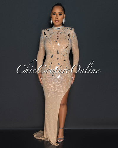 *Dabney Nude Mirrors & Rhinestones Leg Slit Bodysuit Maxi Dress