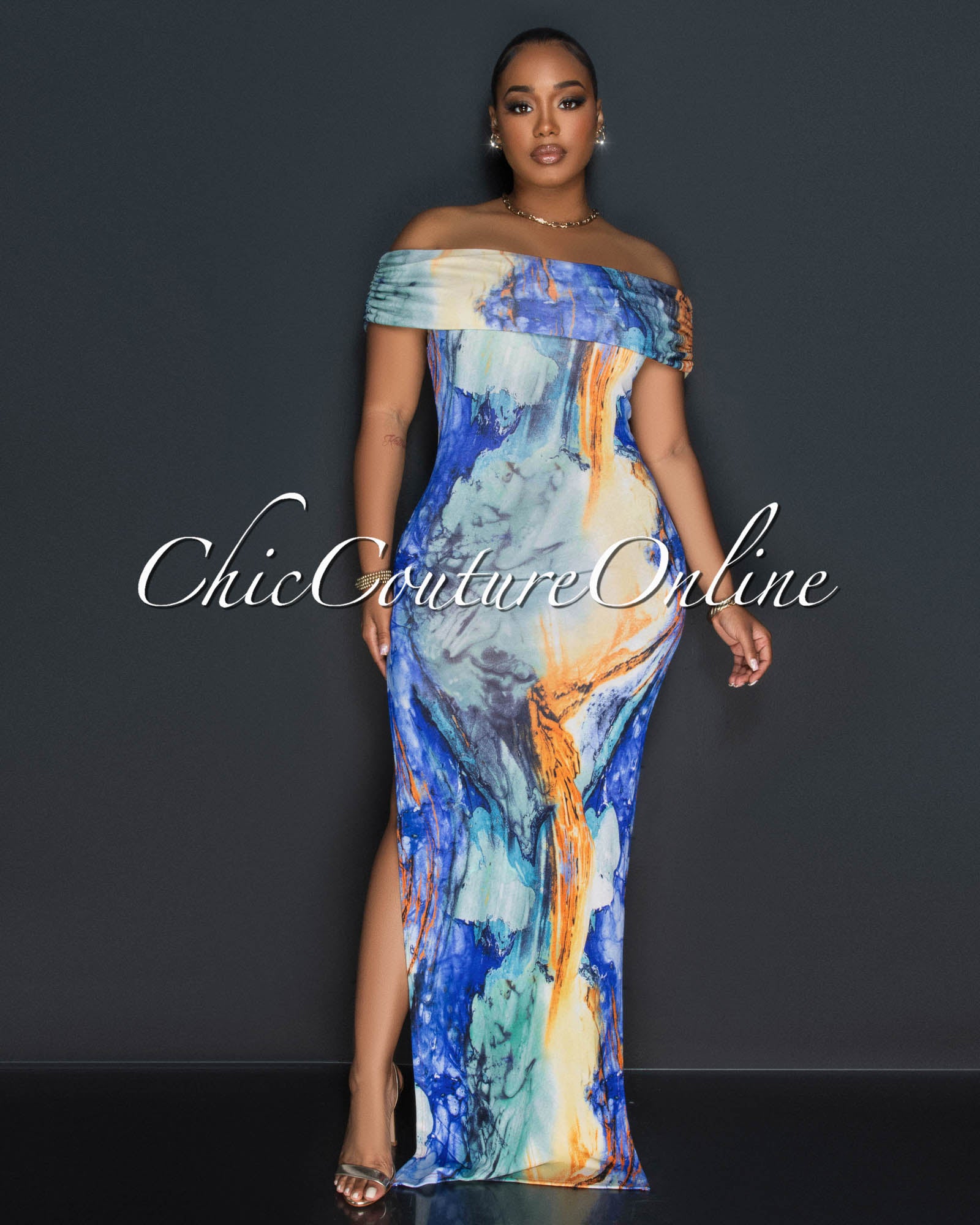 Morella Blue Multi-Color Print Off-The-Shoulder Maxi Dress