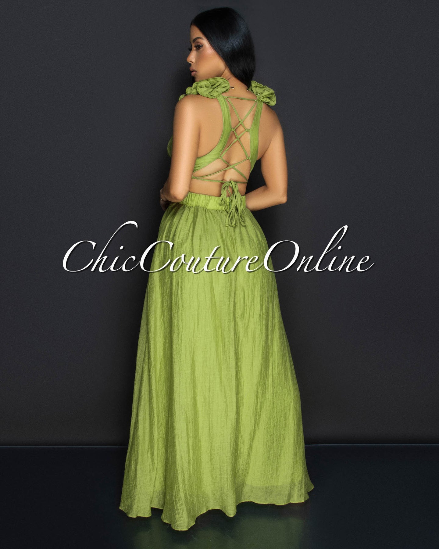 Cianna Olive Green Ruffle Lace-Up Back Maxi Dress