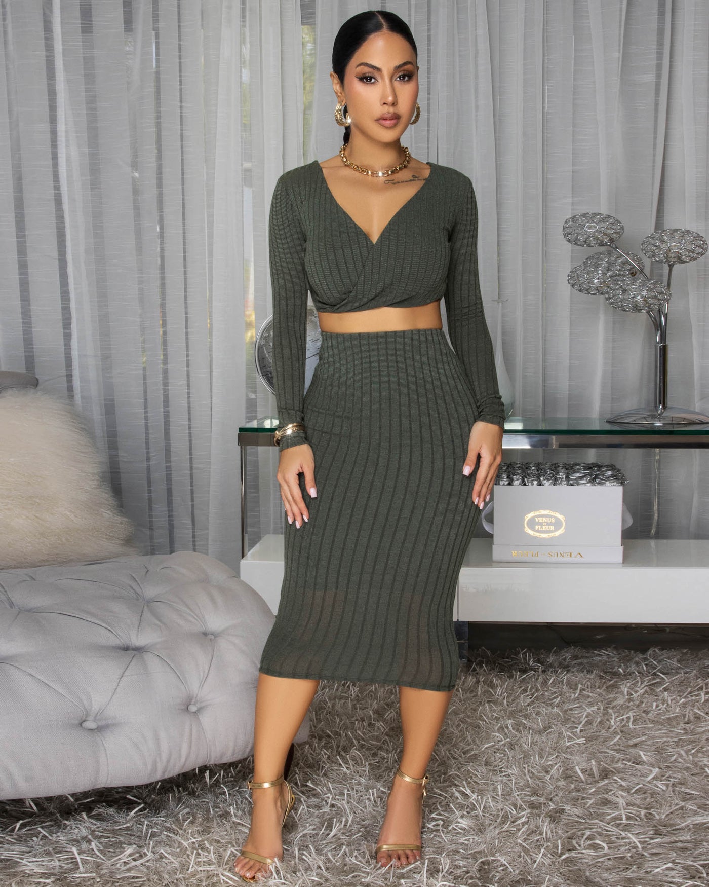 Draya Olive Green Ribbed Skirt Set