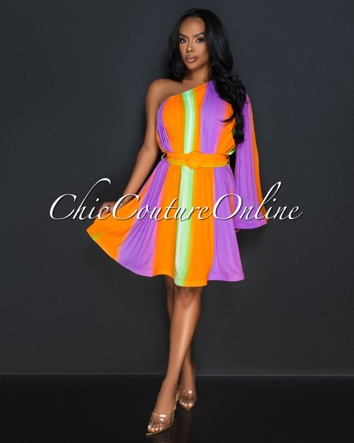*Olisa Pastel Multi Ombre Pleated Single Shoulder Dress