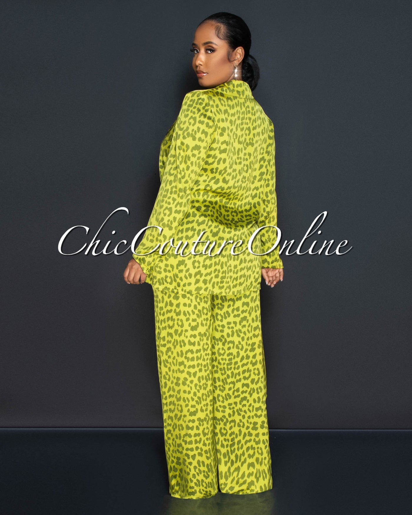 Samone Green Leopard Print Blazer & Wide Pants Silky Set