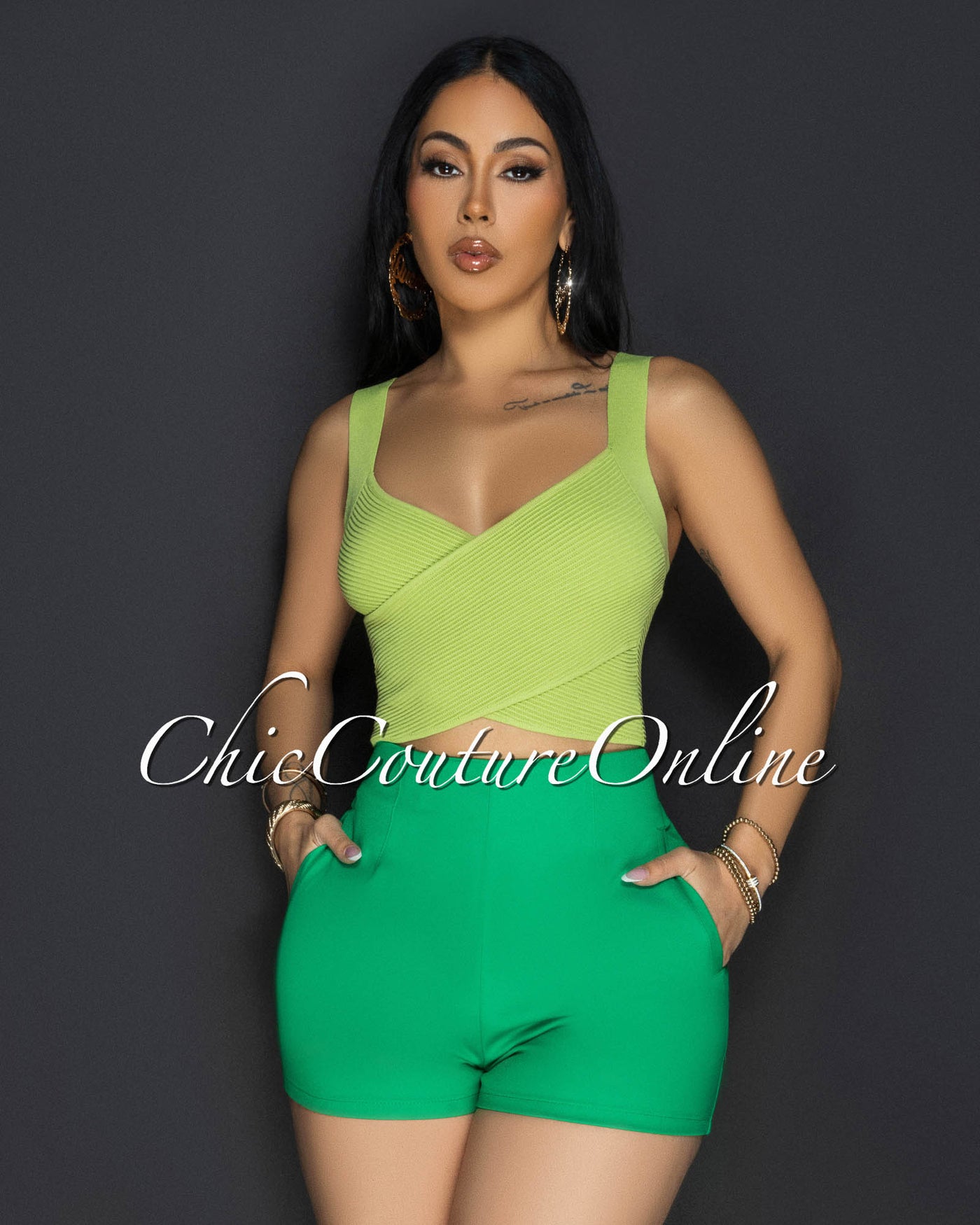 Shina Green Cross V-Neck Ribbed Crop Top