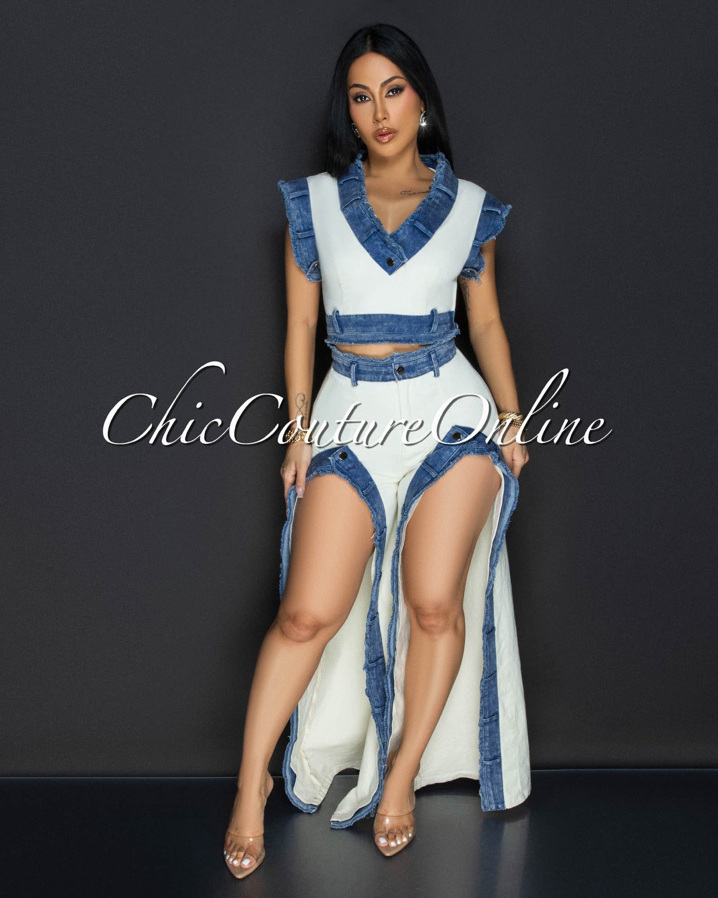 Sophina Cream Blue Denim Trim Slit Legs Pants Set