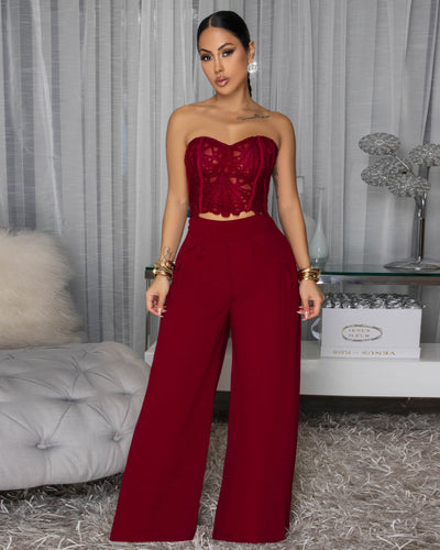 Emory Burgundy Corset Crochet Top & Pants Set