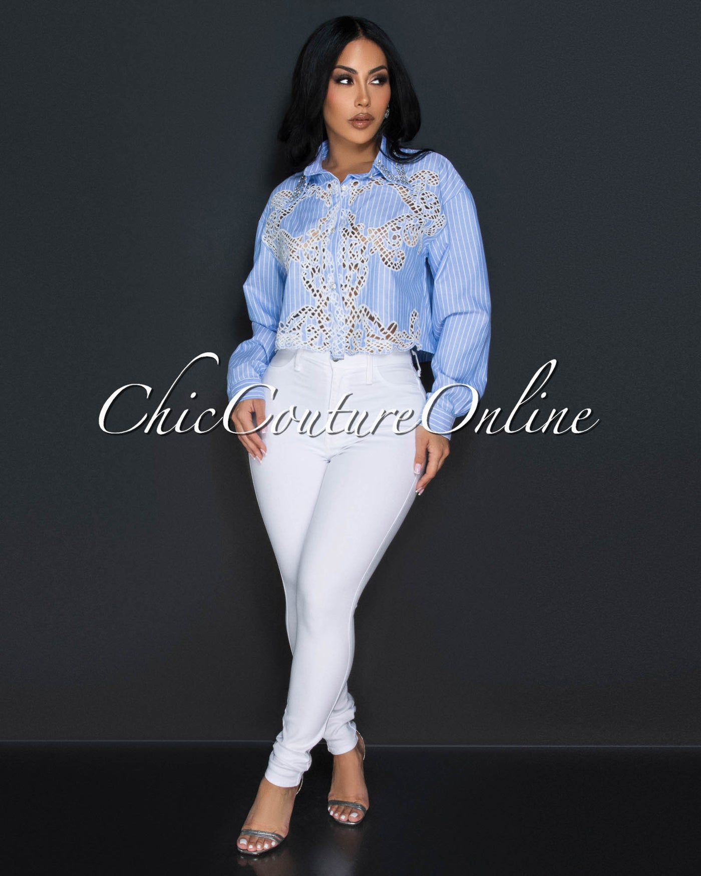 Myra Blue White Rhinestones Lace Shirt