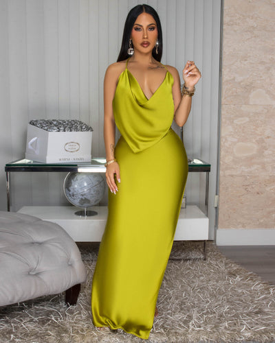 Mademoiselle Moss Green Draped Halter Maxi Dress