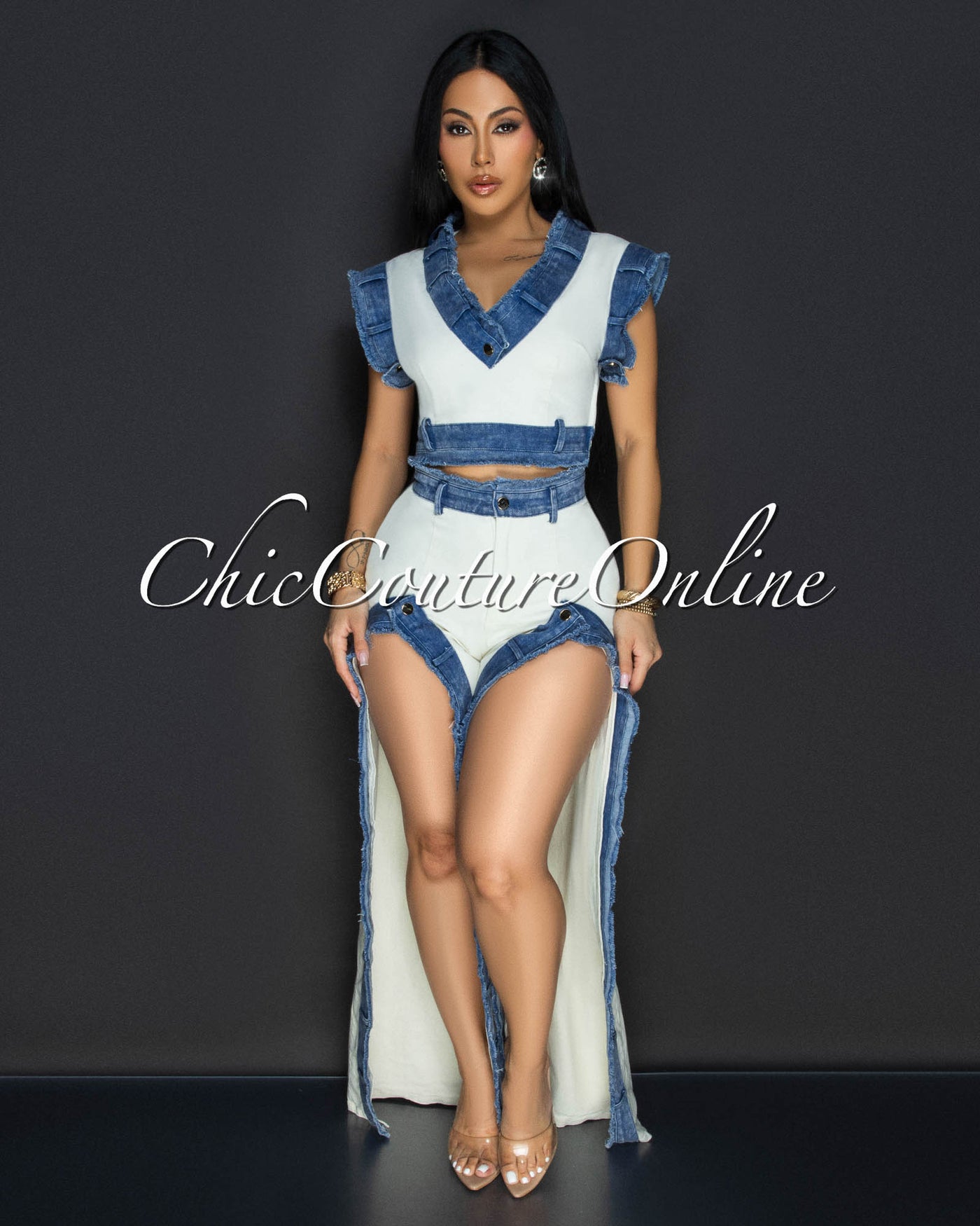 Sophina Cream Blue Denim Trim Slit Legs Pants Set