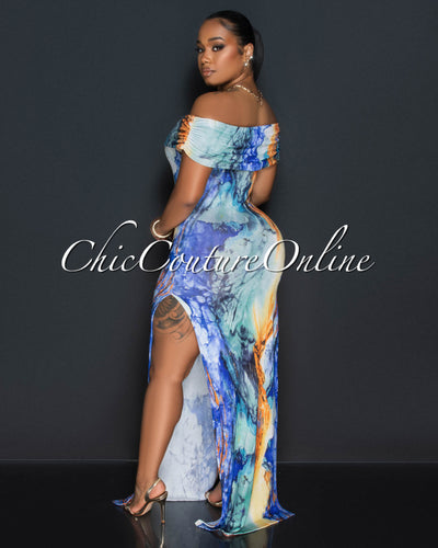 Morella Blue Multi-Color Print Off-The-Shoulder Maxi Dress