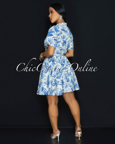 Forre Blue Off-White Print Skater Dress