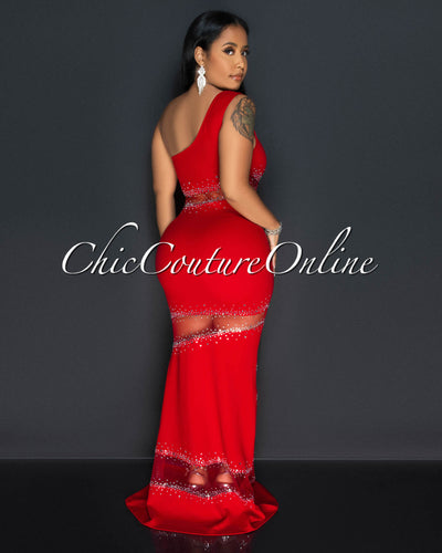 Corine Red Mesh Rhinestones Maxi Dress