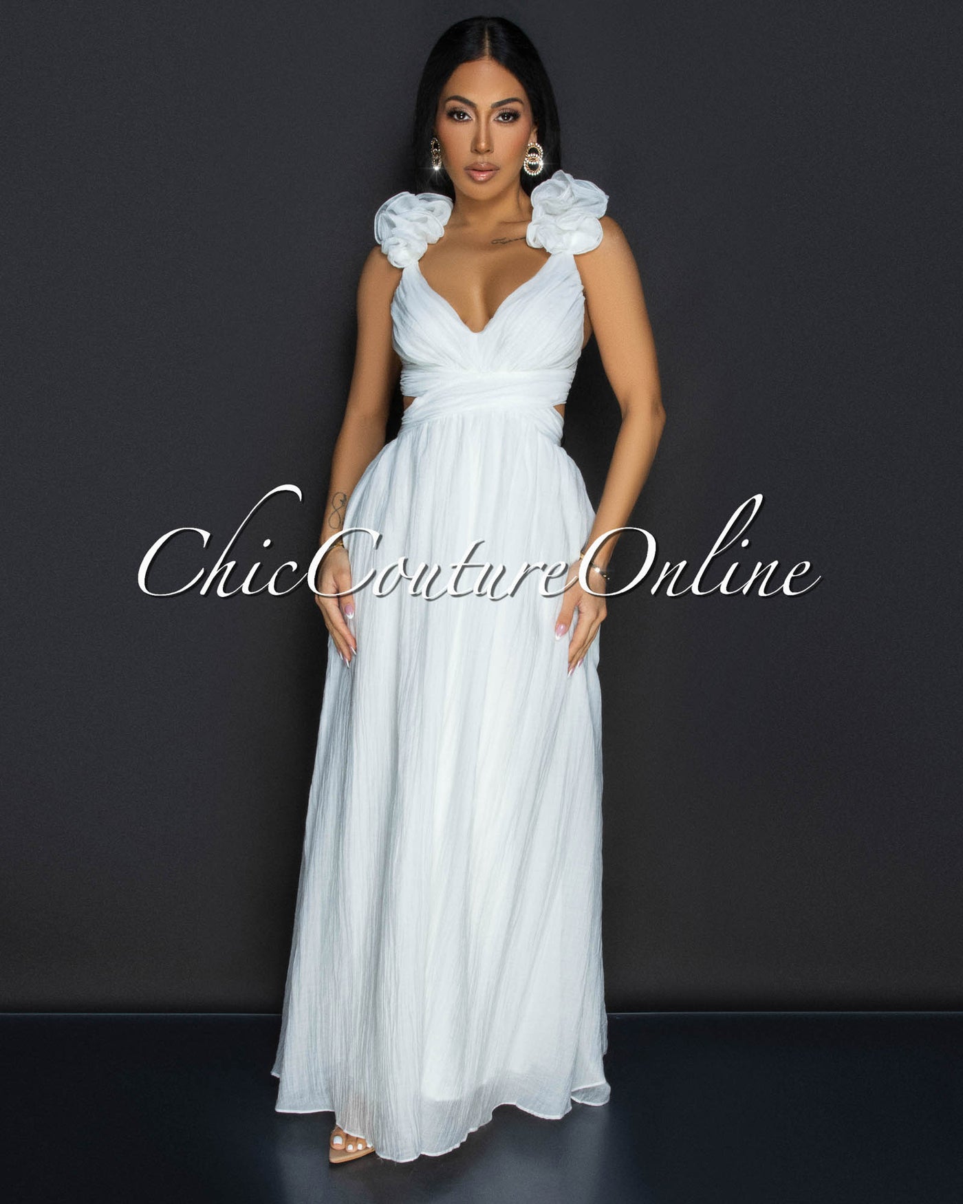 Cianna White Ruffle Lace-Up Back Maxi Dress