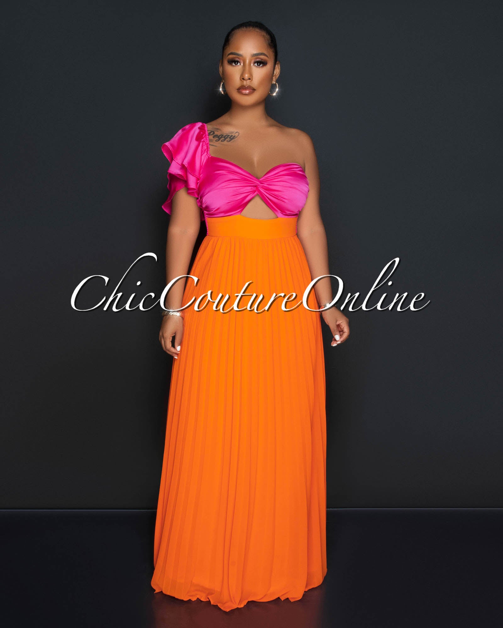 Judith Fuchsia Orange Two-Tone Key-Hole Pleated Maxi Dress
